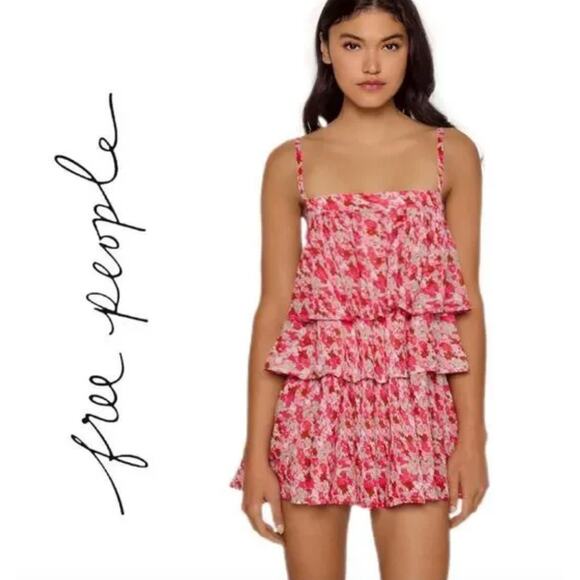 Free People Talia Tunic Top Minidress Size S Pink Floral Tiered Spaghetti Strap - Picture 2 of 12